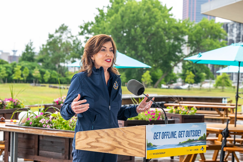 Governor Hochul speaks at the podium at Buffalo outer harbor