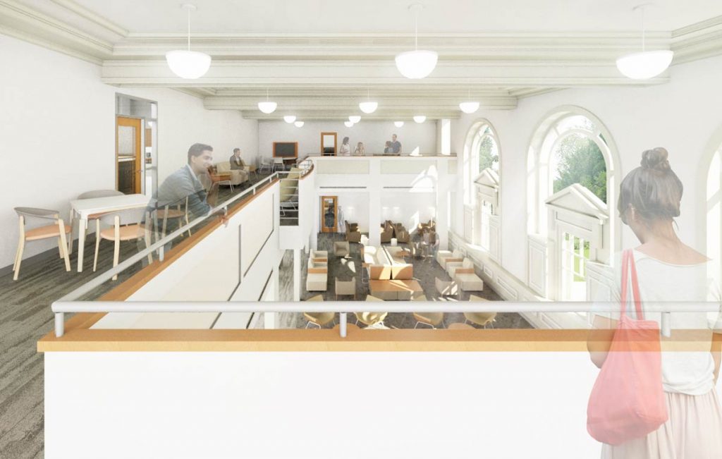 Modern university communications center with open concept and networking spaces