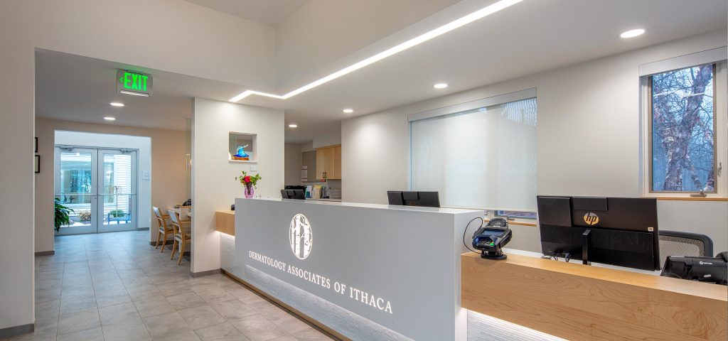 sleek and welcoming reception desk for dermatology office